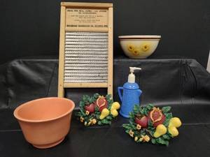 lot 172 image: Vintage Columbus Washboard Co. Travel Washboard, NIB Curtain Tie Backs and Kitchen Decor