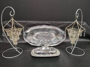 lot 179 image: Vintage Silver Platter Set with Crystal Hanging Votives