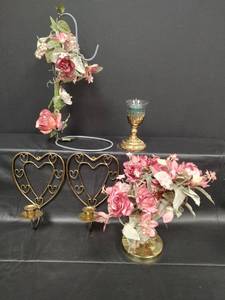 lot 184 image: Vintage Brass Heart Wall Sconces, Candleholder and Brass 3 Candleholder with Silk Flowers