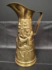 lot 185 image: Vintage Brass Decorative Pitcher with Embossed Tavern Scene