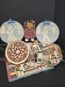 lot 195 image: Two Vintage Milk Bottles, Lace Art, Quilted Star and Quilted Country Table Mat