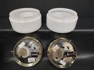 lot 201 image: Vintage Industrial Light Fixtures with Frosted Glass Globes - Pair