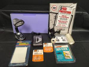 lot 209 image: LED Desk Lamp, Coby Cassette Player, Page Protectors, Tape Dispenser & Accessories ((Tested)