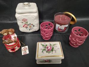 lot 213 image: Floral Ceramic Containers, Candle Holders & Trinket Box