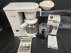 lot 243 image: Proctor Silex 12-Cup Coffee Maker with NIB Hamilton Beach Coffee Grinder