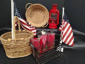 lot 254 image: Wicker Baskets, Vehicle Window Flags, Red Lantern, and Serving Ware Holder