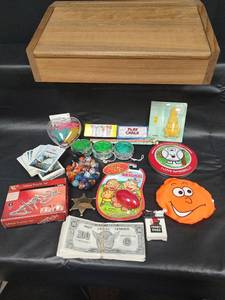 lot 257 image: Vintage Toy and Game Collection with Wooden Storage Box