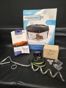 lot 261 image: Dog Supply Bundle - NIP Playpen Cover, NIB Smart Bark Collar(not tested), NIP Healers Urban Walkers & Tie-Out Stake