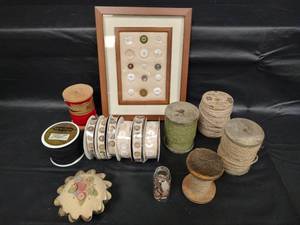 lot 262 image: Vintage Sewing Collection - Button Display, Trim Ribbons, and Wooden Decorative Thread Spools and More