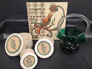 lot 289 image: Home Decor Collection - Bird Art, Storage Boxes & Green Glass Basket