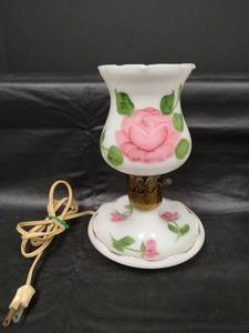 lot 315 image: Vintage Milk Glass Hand Painted Floral Hurricane Lamp with Trinket Base (Tested)