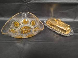 lot 339 image: Vintage Starburst Cut Glass Bowl and Gold Electro Plated Butter Dish