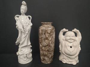 lot 352 image: Vintage Porcelain Geisha Girl, Vintage Porcelain Happy Buddha Cocktail Mug Incense Holder and Vase