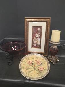 lot 353 image: Home Decor - Elephant Base Candleholder, Burgundy Glass Bowl with Metal Stand, Magnolia Picture and more