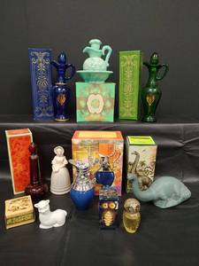 lot 378 image: Avon Glass Decanters with Original Boxes ( Little Lamb, Baby Owl and Victorian Bottle contain Cologne)