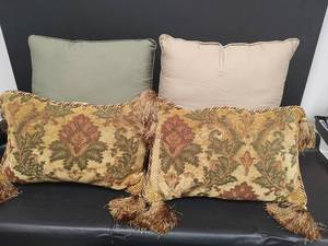 lot 379 image: Decorative Tapestry Throw Pillows with Tassels - Set of 2 and 2 16x16 Throw Pllows, Sage Green and Taupe
