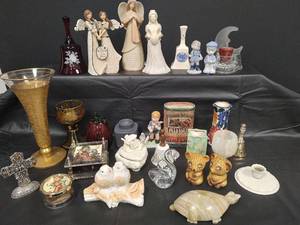 lot 380 image: Vintage Decorative Collection - Vtg Glass Pedestal Vase Gold Textured Overlay 10 Tall, Vtg Alabaster Turtle, Vtg Onyx Marble Wine Goblet, Hand Painted Red Glass Bell and More