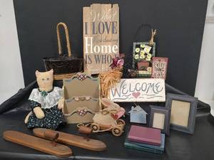lot 381 image: Country Home Decor Collection - Handcrafted Cat Doll in Dress, Wooden Pull Bunny, Signs and More