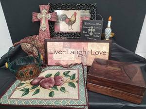 lot 384 image: Home Decor Collection - Small Porcelain Light (tested), Metal Rooster Tray, Placemats, Handmade Wooden Box, Wooden Cross and More
