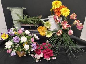 lot 387 image: Artificial Flower Plant Collection, White and Gold Metal Watering Can and Grey Metal Bucket