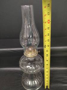 lot 391 image: Vintage Glass Oil Lamp with Brass Burner and Chimney
