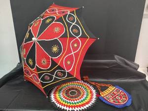 lot 393 image: Indian Decorative 3 Foot Umbrella with Mirror Work, Applique Batua Bag With Mirrors and More