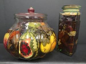 lot 394 image: Glass Oil Lamp with Artificial Fruits and Botanicals and Decorative Jar with Oil Infused Fruit