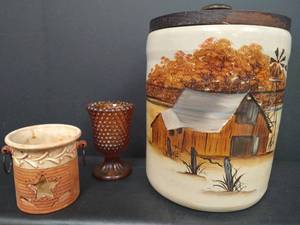 lot 397 image: Hand Painted Kiln Fired Ceramic Crock with Wood Lid and Candle Holders