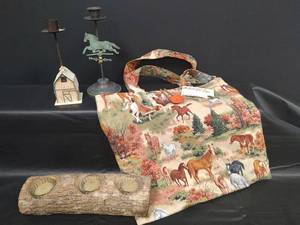 lot 398 image: New Handmade Horse Print Fabric Tote Bag, Wood Log Candle Holder and More