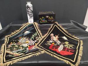 lot 400 image: Vintage Dragon Noritake Shoryu Bone China Ink Vase, Vintage Japanese Thread Embroidered Velvet Pillow Covers with Mount Fuji Scenes and Vintage Japanese Jewelry Box