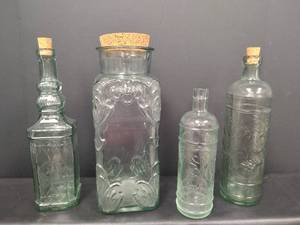 lot 405 image: Decorative Glass Storage Jars with Cork Lid and Embossed Design, Light Green Tint
