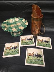 lot 406 image: Vintage Copper and Brass Scuttle Bucket Matchstick Holder with Striker Plate, 8 inches and more