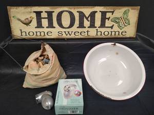 lot 409 image: NIB Sweater Defuzzer, Vintage Enamel Bowl, Vintage Clothespin Hanger with Clothespins and 28 inch Decorative Picture