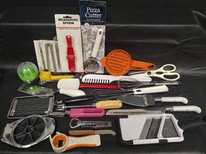 lot 410 image: Kitchen Utensils with Pizza Cutter, Measuring Spoon, Whisks and More