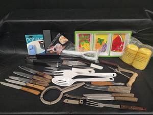 lot 411 image: Kitchen Utensil Lot - Steak Knives, Potato Masher, Pot Clip and More