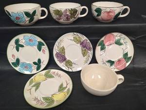 lot 415 image: Ceramic Oversized Cups and Matching Saucers (Chips on Rims)