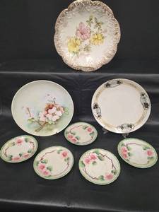 lot 416 image: Vintage Meito China 8 Plate , Cherry Blossoms Hand Painted 8 Plate, Bowl with Scalloped Trim and Handpainted Saucers