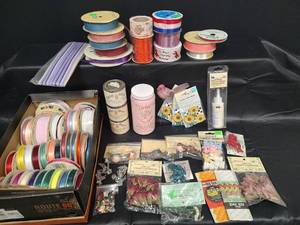 lot 419 image: Craft Supply Lot - Ribbon Collection, Victorian Flowers, Decorative Trim and More