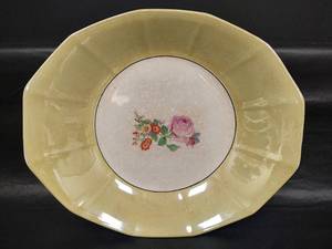 lot 428 image: Vintage Floral Serving Bowl with Yellow Border - 12 Inch