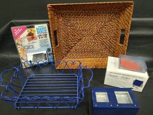 lot 430 image: Crafting Lot - NIP Magic Melt Glue Pot, NIB Creative Memories Square Maker, New Rattan Bamboo Basket and Blue Coated Wire Basket