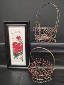 lot 437 image: Chinese Red Peony Watercolor Art Print with Chinese Calligraphy 7 12 x 14 12 and Decorative Wire Baskets Set with Red Beads