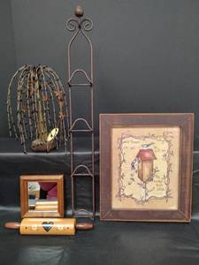 lot 438 image: Country Home Decor Collection - 23 inch Metal Hanging Plate Rack, Emerson Quote Print Birdhouse Artwork by Gina Switzer, Pip Berry Willow Tree and More