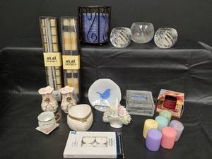 lot 442 image: Home Decor Collection - Vintage Porcelain Candle Holders Made in Japan, Pillar Candles, Bluebird Plate, Candle Holders, Trinket Box and More