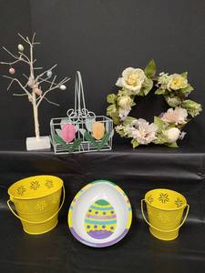 lot 455 image: Easter Decor Collection - Metal Buckets and Egg Shaped Decor, Floral Wreath, Wire Egg Tree, and Decorative Accessories
