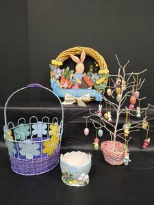 lot 456 image: Easter Decoration Collection - Wreath, Wire Decorative Tree with Ornaments, Ceramic Basket and More