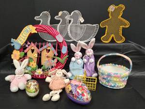 lot 457 image: Easter Decoration Collection - Vintage Paper Mache Easter Egg Made in Germany, Metal Decor, Plush Bunnies and More