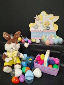 lot 458 image: Easter Decoration Collection - Glitter and Plastic Eggs, Stuffed Bunny, and More
