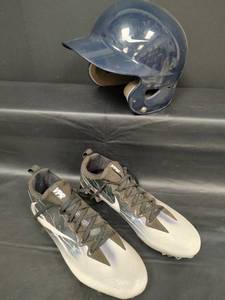 lot 465 image: Nike Baseball Equipment Set - Vapor Cleats Size 13 and Batting Helmet Size 6 38 - 7 38