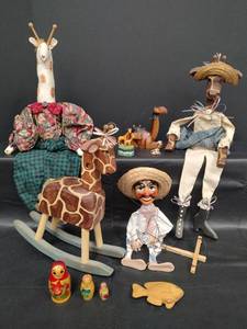 lot 506 image: Collection of Decorative Folk Art Figurines and Toys - Marionette Puppet, Giraffe Trinket Box, Nesting Dolls, and More