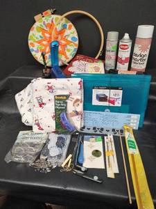 lot 510 image: Craft Supply Lot - Organizer, Paint Sprays, Embroidery Hoops, Fabric, Tools and More